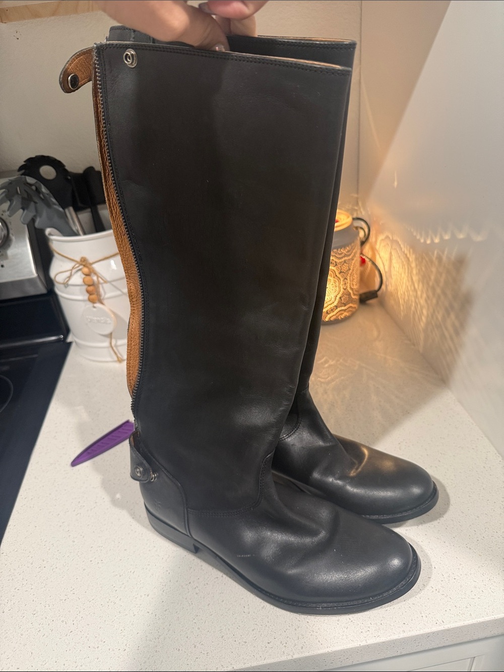 Frye Black Leather Tall Riding Boots with Tan Back Zip
